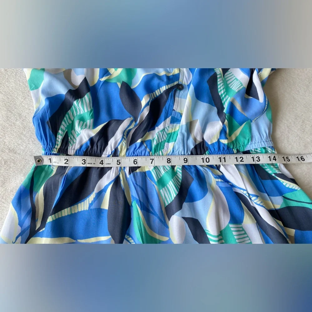 LOFT Blue Green Abstract Print Ruffle Sleeve Maxi Dress Large Petite - Picture 13 of 15